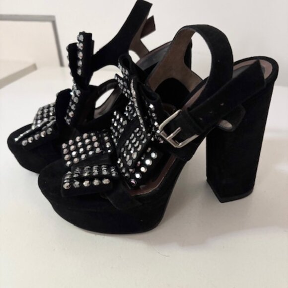 Marni Black Suede Platform Heels with Rhinestone Bows - Picture 3 of 5